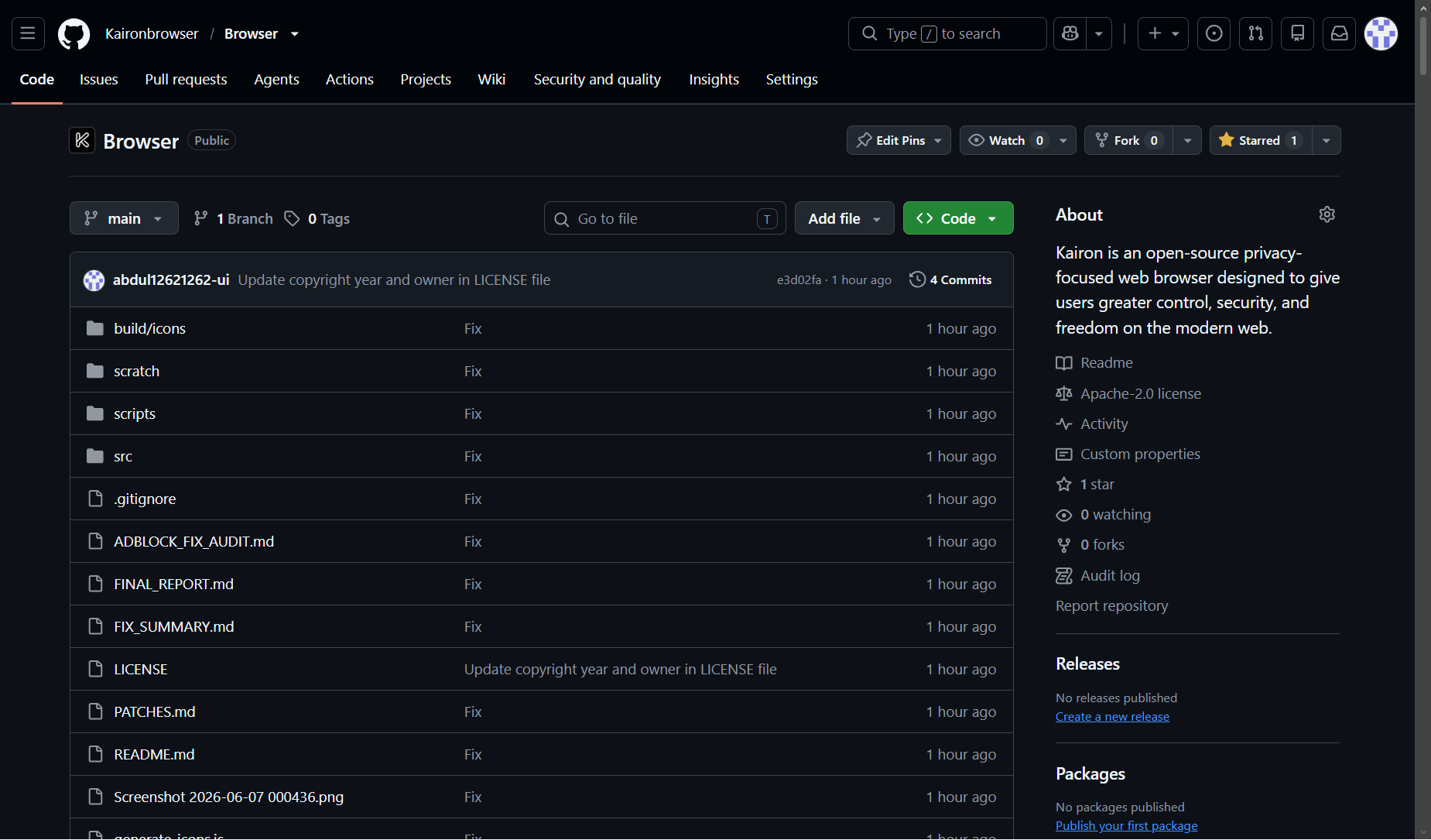 Screenshot of the Kairon Browser repository on GitHub